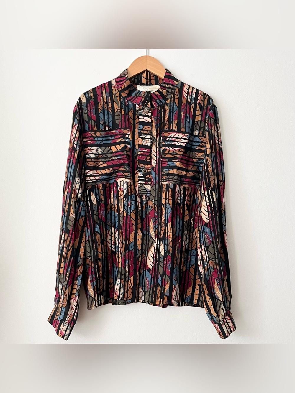 Vintage Laura Biagiotti Silk Blouse Leaf Print Mandarin Collar Size 6 (2) Italy
